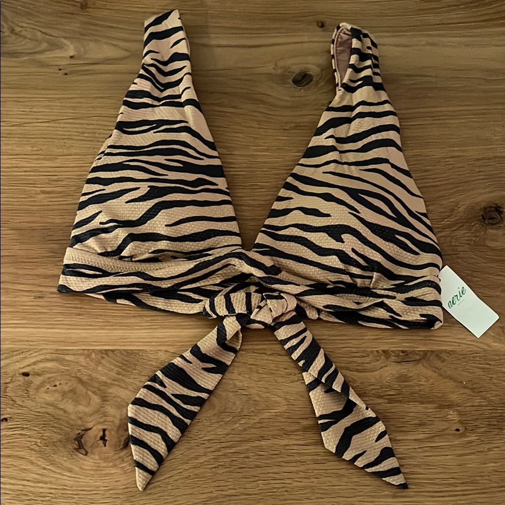 NWT Aerie Pique Tan Black Tiger Stripe Triangle Bikini Top Back Ties Multi Sz